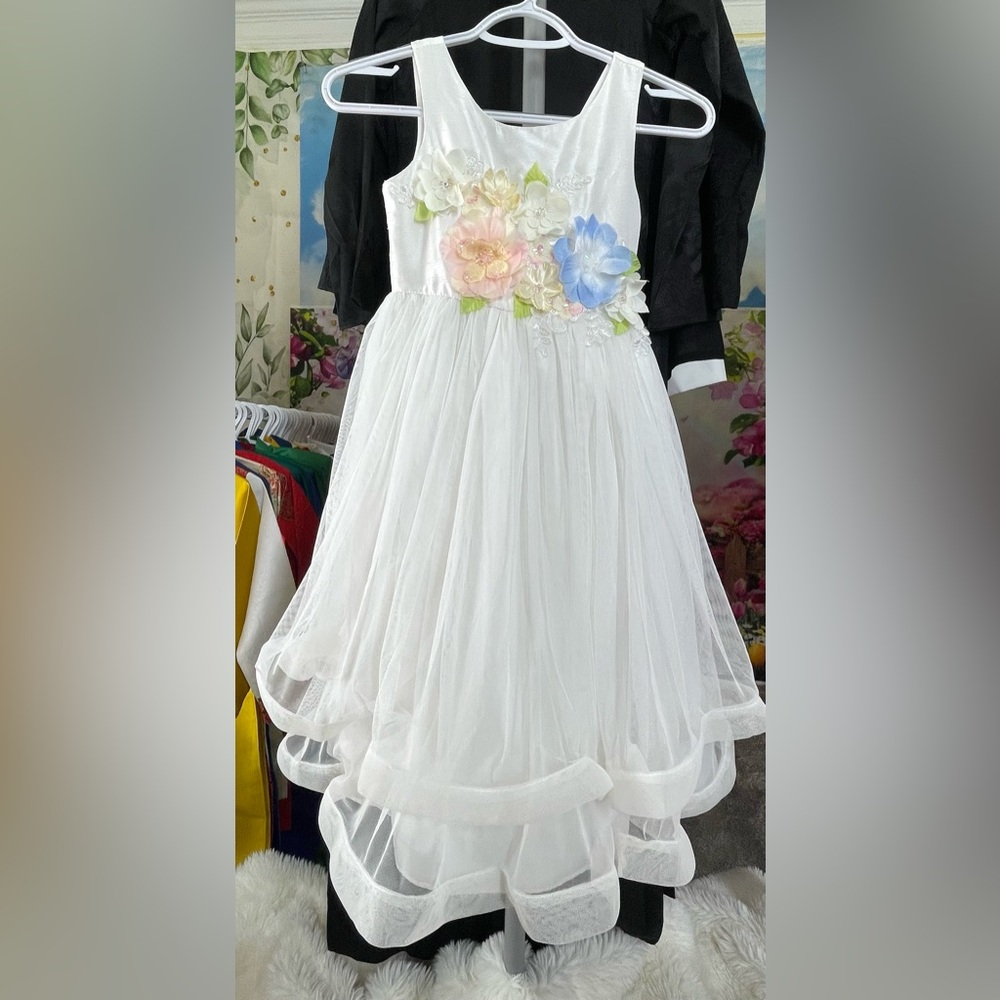 Blue Gorgeous little girl’s formal White Dress 7 3D flower 🎁 kid wedding stylish